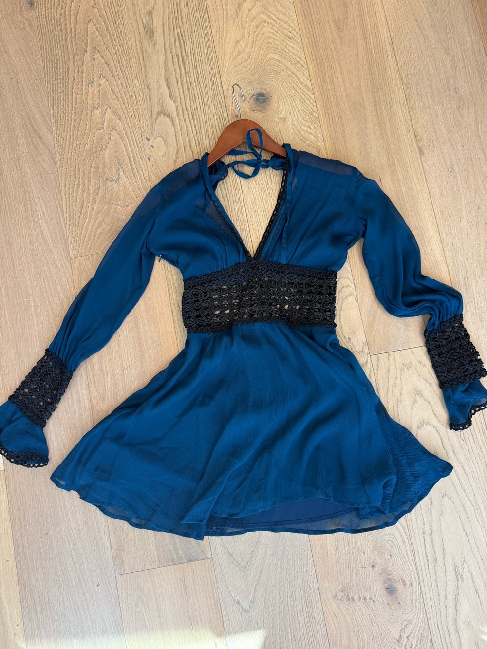 For Love & Lemons Teal Mini Dress with Black Crochet Waist